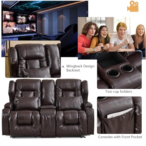 IPKIG 65.3" RV Loveseat Recliner - Faux Leather Manual Reclining Loveseat with Console, Cup Holders, Lumbar Pillow for Living Room, Bedroom, RV, Home Theater - RV Recliners Chair (Beige)