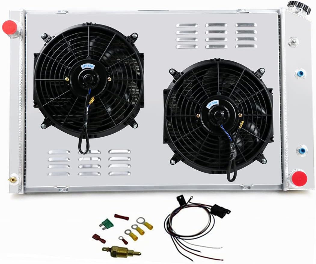 Primecooling 4 Row All Aluminum Radiator +2X12" Fans and Shroud for GMC Chevy C/K Series Pickup Truck/Jimmy V8 Enigne 1973-91