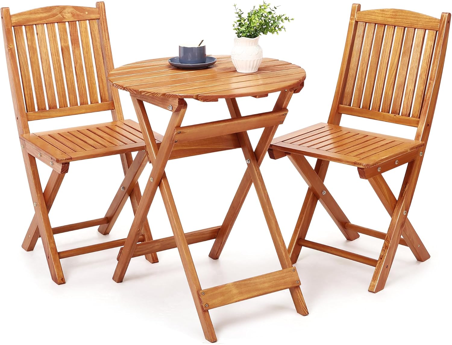 3Pcs Patio Bistro Set, Wood Folding Table Set, Outdoor Furniture Round Table for Garden Yard, Casual Bistro Table and Chairs Set of 2 for Condominium Pool Front Porch Beach, Wood