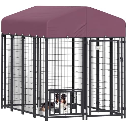 PawHut 4.6' x 4.6' x 5' Dog Kennel Outside, Welded Wire Outdoor Dog Kennel Run with Waterproof & UV Resistant Cover, for S&M Breeds, Chickens, Ducks, Black