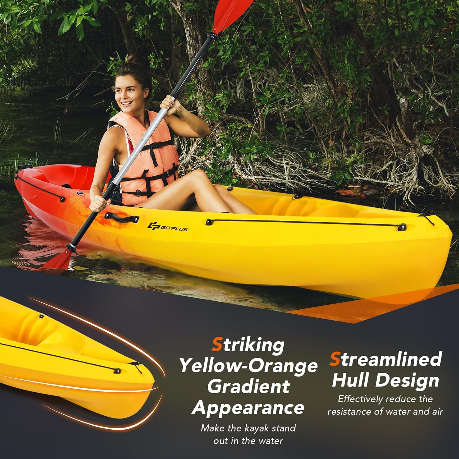 10.2FT Sit-On-Top Fishing Kayak, Portable Surfing Kayak Raft with Aluminum Paddle & Bungee Storage, 1-Person Recreational Kayak Boat for River, Lake & Sea