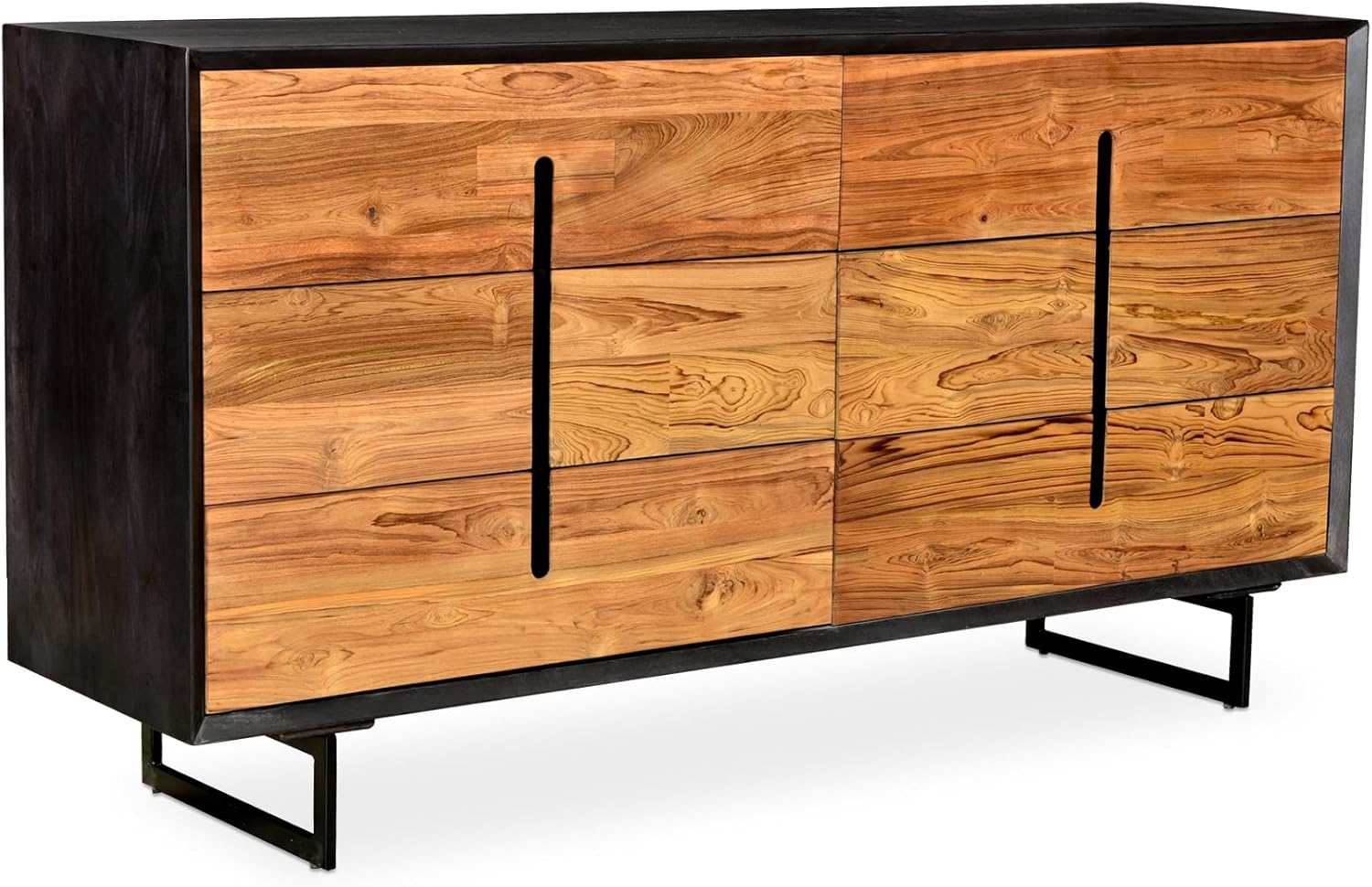 Lennox, Dresser, Scandinavian Solid Mango Wood with Reclaimed Teak Doors and Steel Legs, 6 Drawers, Light Brown