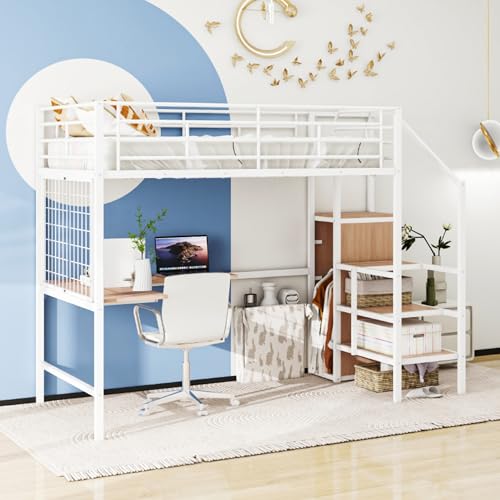 Bellemave Full Size Loft Bed with Desk and Storage Stairs, Full Loft Bed with Storage Stairs/Ladder, Loft Bed Full Size for Adults, Kids, Teens Metal, Black