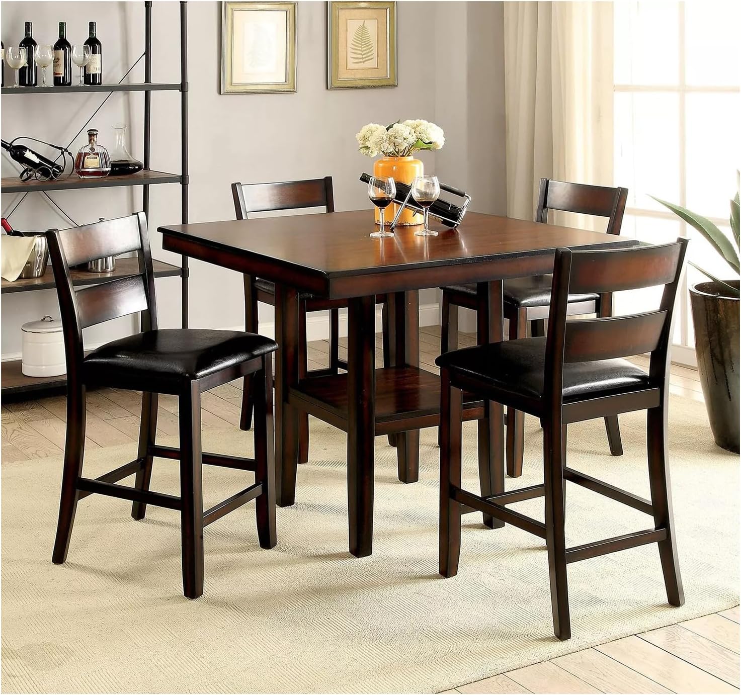 Saranya 18 Shop Brown Cherry Storage Dining Table 5pc Set Counter Height Wooden 4X High Chairs Cushion seat Shelf Shelves Furniture Room Kitchen New Modern Home 40" L x 40" W x 36" H of Set
