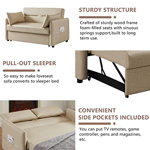 Aoowow Convertible Sleeper Sofa Bed 57 Inches, Velvet 2 Seats Sofa with Pull Out Bed,Loveseat Sofa Couch with Adjustable Backrest, 2 Pillows Side Pocket for Living Room Small Apartment (Light Brown)