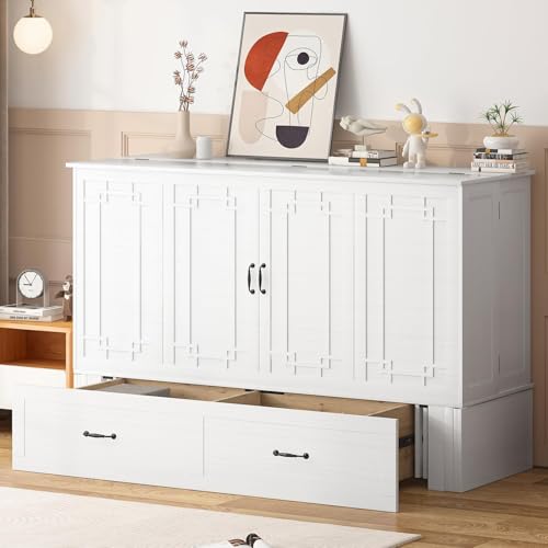 PUREMIND Murphy Bed Cabinet with Mattress Included, Queen Cabinet Beds with Storage Drawers, Murphy Chest Bed with USB Charging Station, Murphys Space-Saving Wallbed for Bedroom, Guest Room
