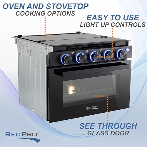 RecPro RV Stove | 21" x 17" Cooktop | 17" Tall Gas Range | Black or Silver Finish | Optional Vented Range Hood