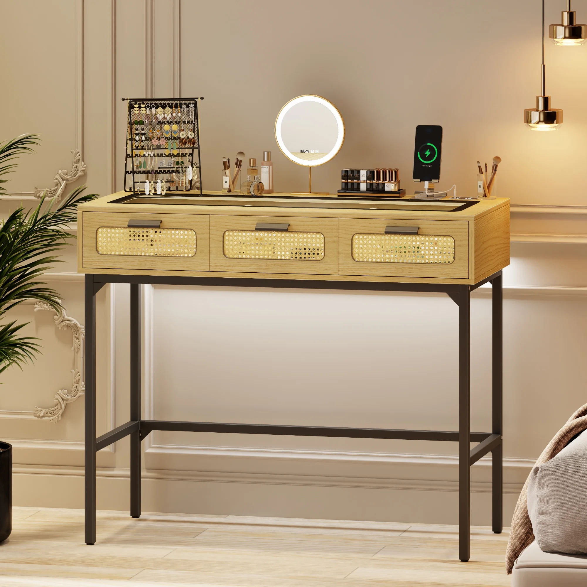 FREDEES Makeup Vanity Desk with 3 Color LED Lights & Glass Top Design & Charging Station, Wood