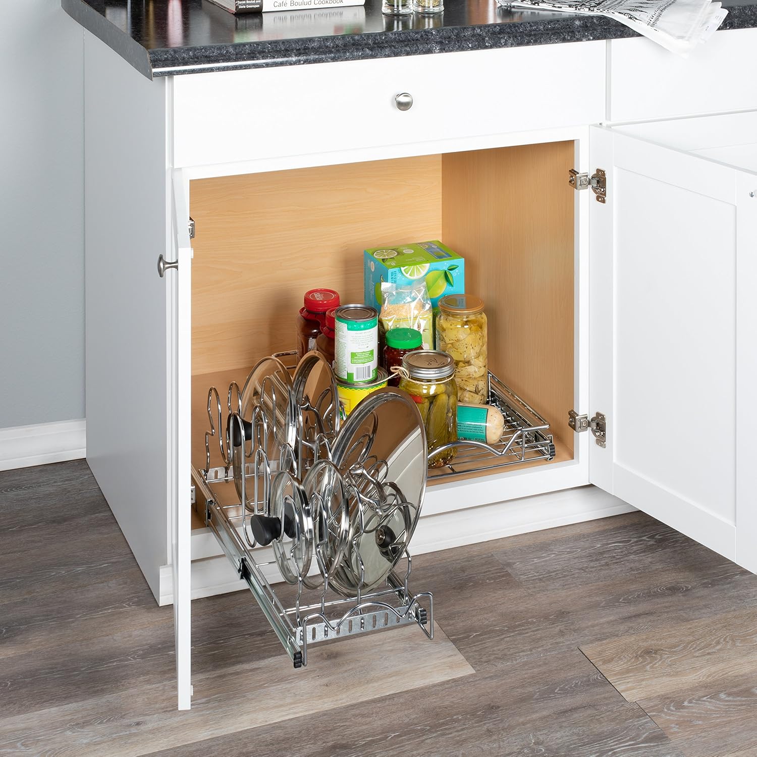 Pull Out Pan Lid Organizer Rack for Cabinet - Pull Out Organizer for Pots, Pans, Lids, Sliding Storage Rack -7" W X 21” D X 8" H, Requires at least 9" Cabinet opening - Heavy Duty Construction, Chrome Pack of 2