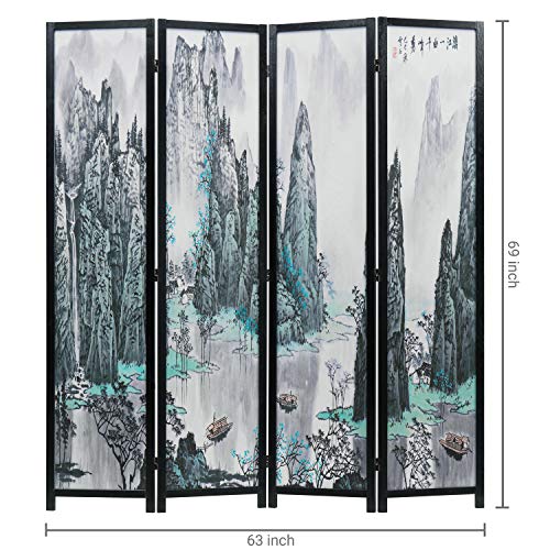 MyGift 4-Panel Folding Bamboo Room Divider Asian-Inspired Cherry Blossom Scene, 6 FT Freestanding Floral Artwork Room Partitioner with Beige Wood Frame