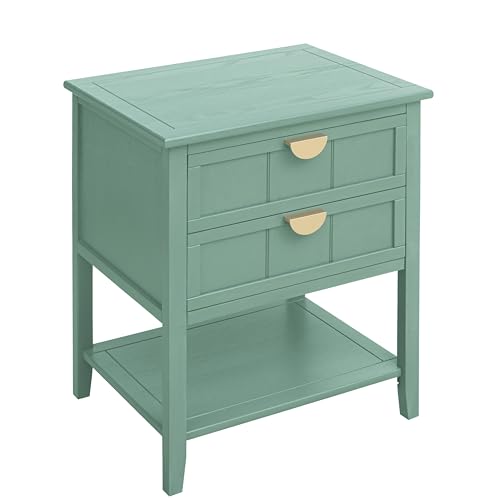 Small Nightstand End Table - Bedside Table with 2 Drawers, Wood Night Stand with Storage Shelf, Narrow End Tables for Bedroom (Green Set 1)
