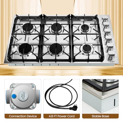 COSTWAY Gas Cooktop, Stainless Steel Gas Stove Top with Burners, ABS Knobs and Cast Iron Grates, NG/LP Convertible Gas Range Top with Sealed Burners for Kitchen, Easy to Clean, Silver