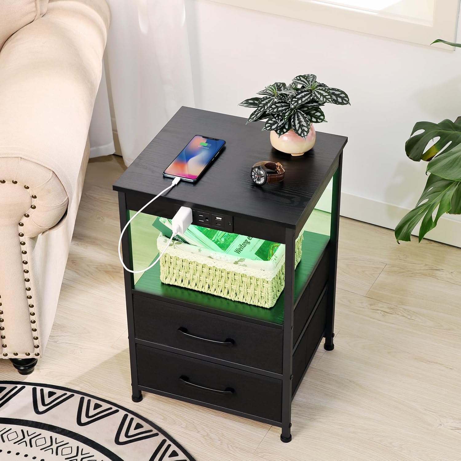Nightstand Set of 2, Black Night Stand with Charging Station