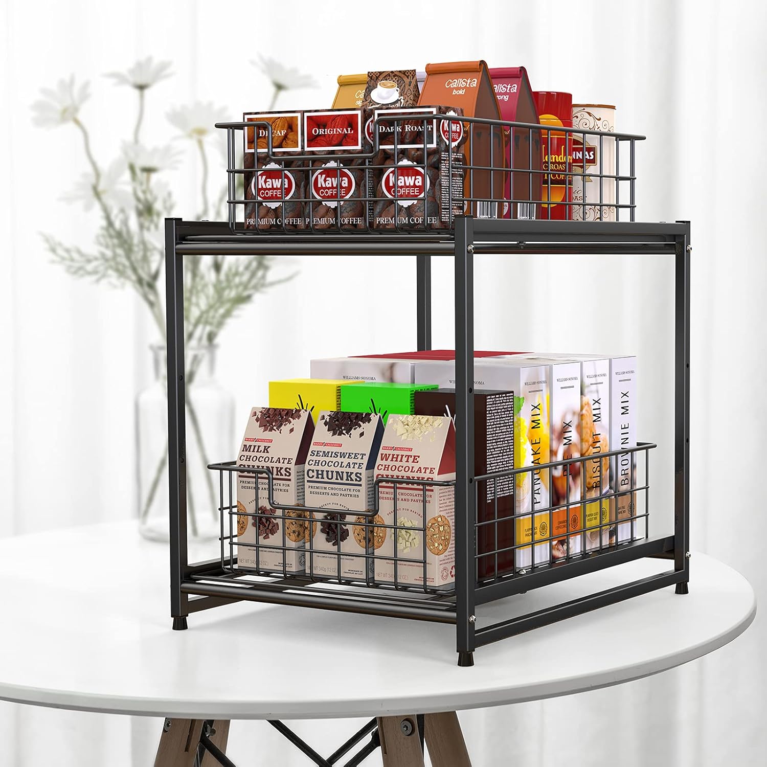 FavoThings Stackable 2-Tier Kitchen Cabinet Organizer Under Sink Organizer Rack with Sliding Storage Basket Drawers, Black