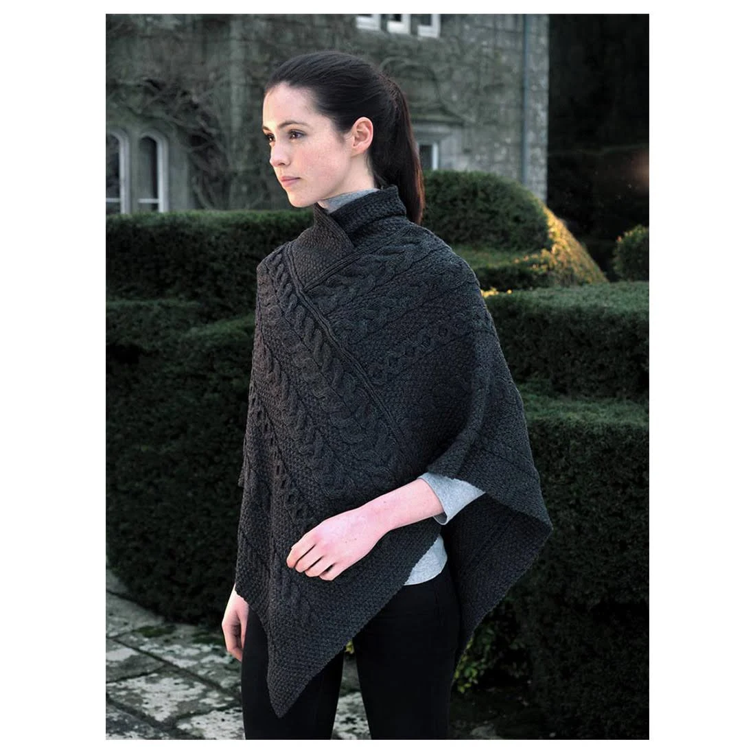 Aran Cable Poncho Charcoal