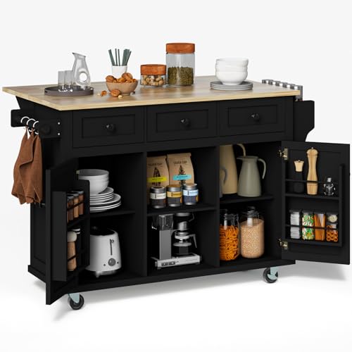 Large Kitchen Island On Wheels with Storage 54in Width Mobile Moveable Portable Rolling Wood Island for Kitchen Dining Room with Drawers Cabinet Spice Rack Towel Rack