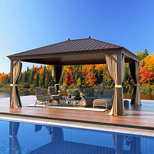 MELLCOM 12'x16' Hardtop Gazebo, Galvanized Steel Metal Double Roof Canopy with Curtains and Netting, Brown Permanent Pavilion Gazebos with Aluminum Frame for Garden, Patio, Lawns, Deck