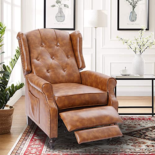 Wingback Recliner Chair with Massage and Heat, Tufted Fabric Pushback Recliner Chair, Wingback Chair with Remote Control, Padded Cushion, Wooden Legs, Small Recliners for Small Spaces