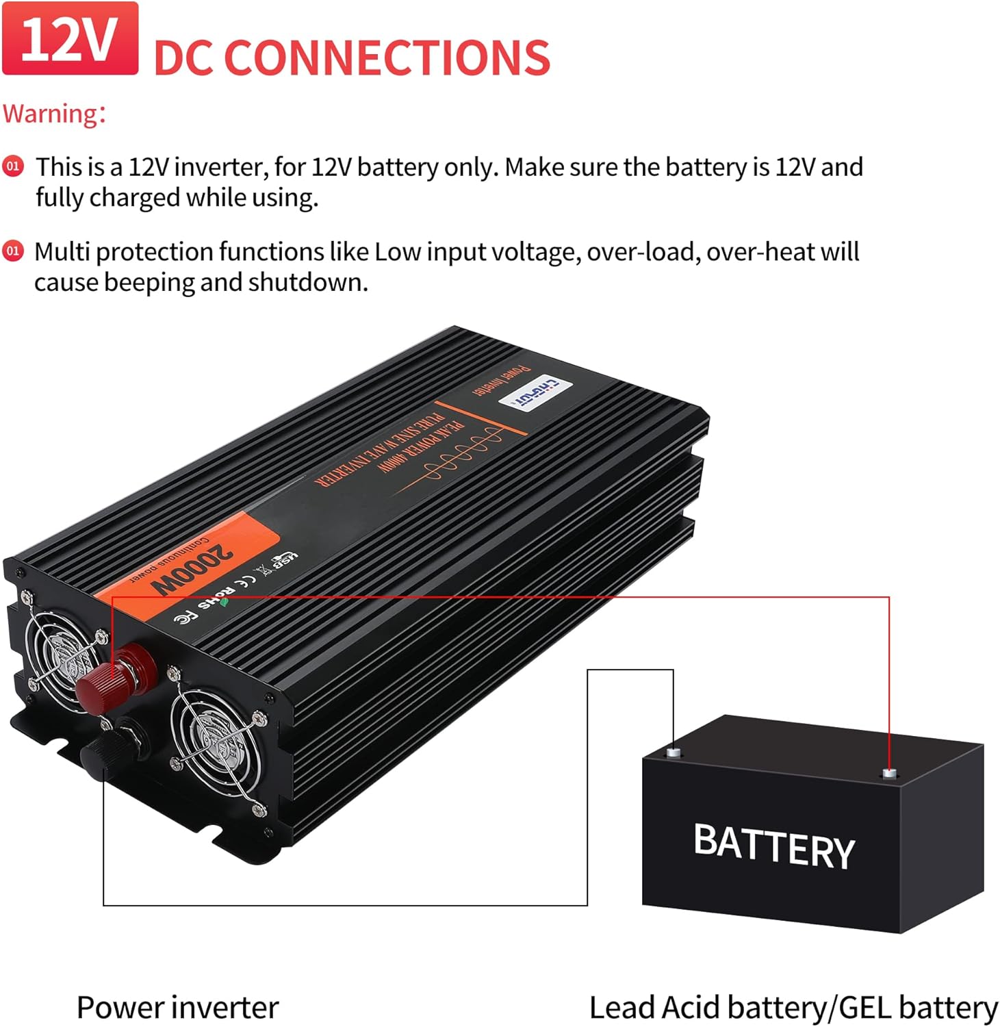 Power Inverter, 2000W Pure Sine Wave Inverter DC 12V to AC 120V Car Inverter with LCD Digital Display Remote Control USB Port Power Converter for Travel/Camping