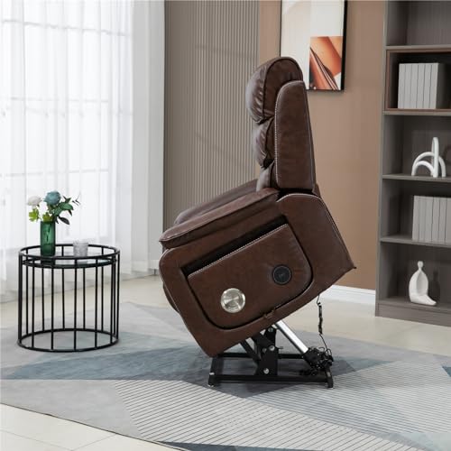 Light Grey Recliner Chair for Elderly | Tall and Big Man 400lbs | Chenille | Power Lift, Lay Flat, Stand Up, Wireless Charging Device, Extended Footrest, Massage Heat, Cup Holder, Lumbar Pillow