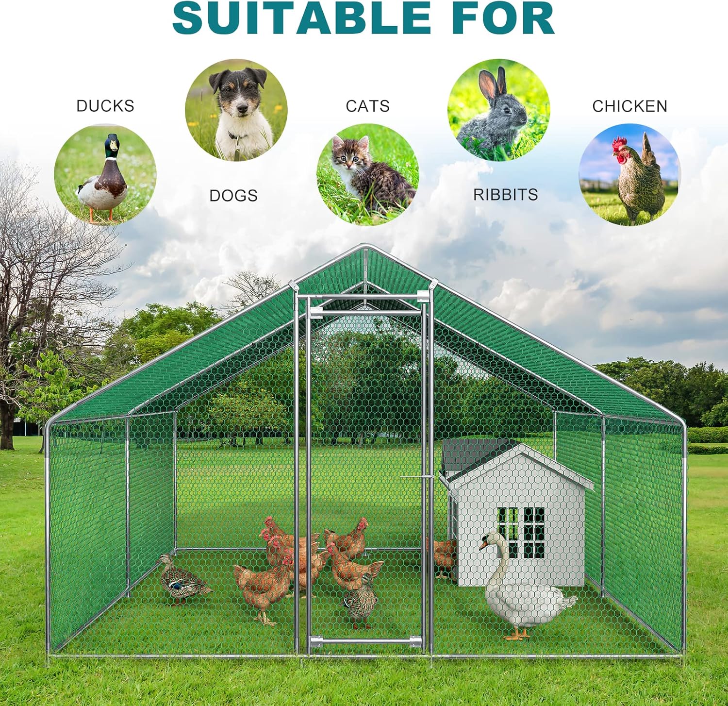 Oarlike Metal Chicken Coop for 20 Chickens Large Chicken Runs for Yard with Cover Galvanized Steel Chicken Pen Outdoor for Hen Duck Rabbits Goose Puppy Heavy Duty Walk-in Poultry Cage for Outside