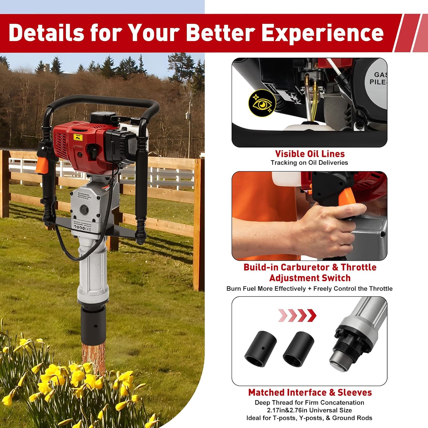 52CC 2 Stroke Powered T Post Driver,Gas-Powered T Post Driver Fence Post Pounder Driver, Heavy-duty Piling Fence/Pile Driver with 2 Post Driving Head (Speed 8500r/min)