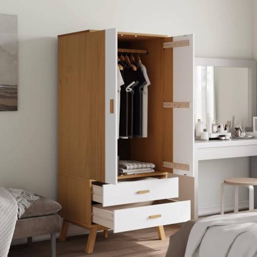 Wood Wardrobe Closet, Bedroom Armoire Closet, Solid Wood Wardrobe Armoire Closet Storage Cabinet with 2 Drawers and 1 Large Compartment, Gray and Brown 30.1"x20.9"x67.7"