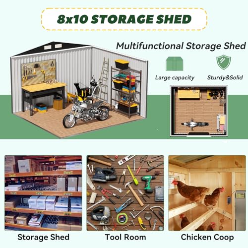 10' x 10' Outdoor Storage Shed, Garden Tool Shed with Double Sliding Door and Sloping Roof, Metal Shed House for Backyard Patio Lawn to Store Utility and Tools, Gray