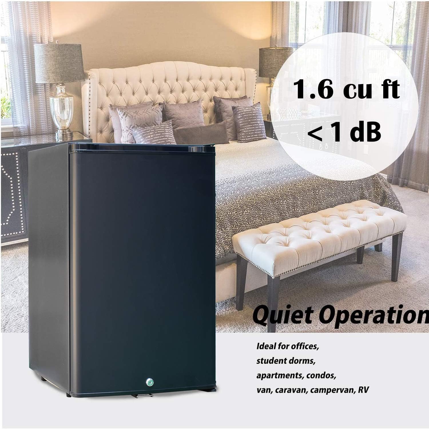 SMETA Mini Fridge No Noise: Absorption Refrigerator 12V/110V Portable for Dorm Office Truck Camper, with Lock, DC AC, 1.0 Cu.Ft, Black