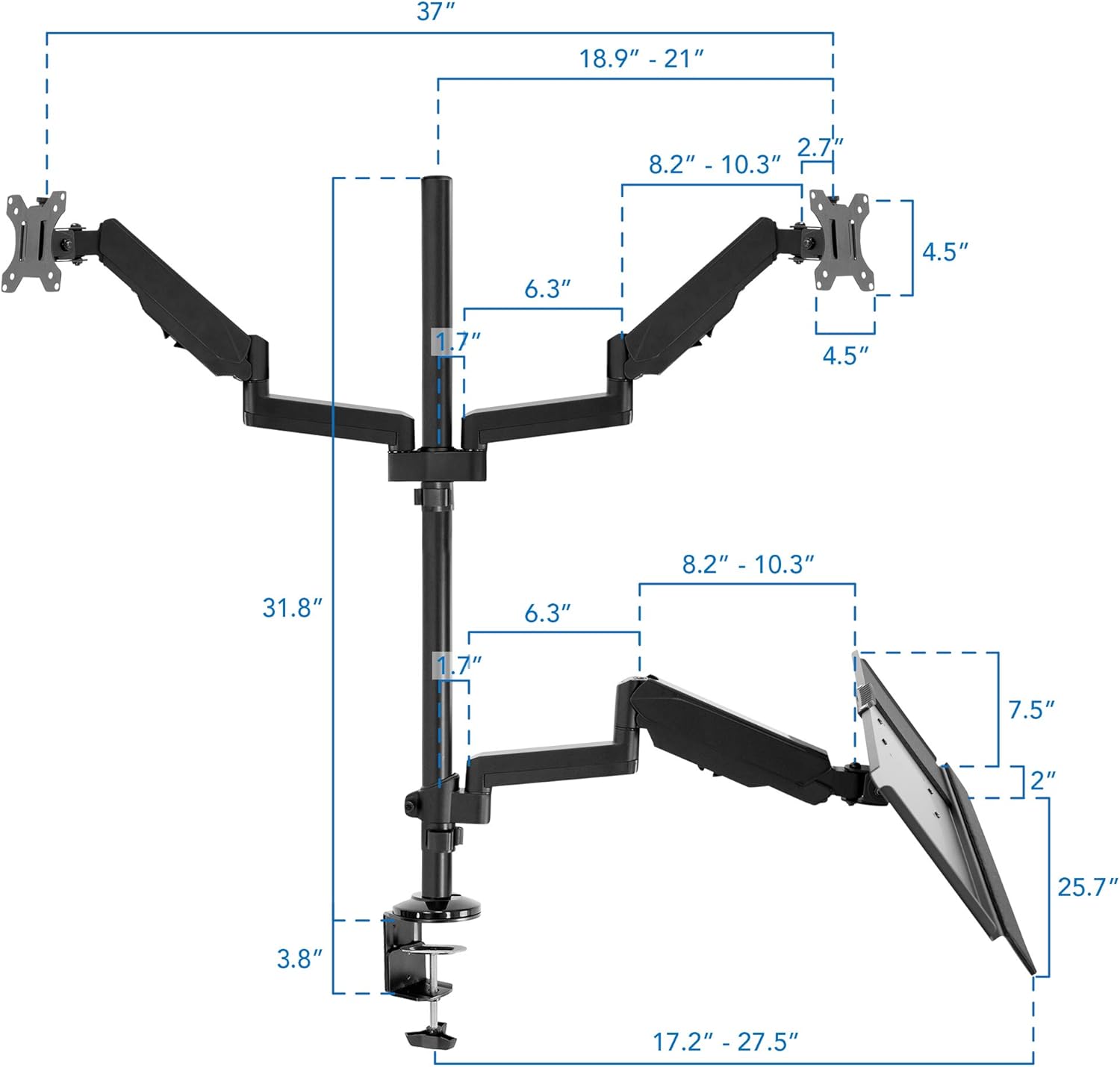 MOUNT-IT! Dual Monitor Sit Stand Workstation [2 Screens up to 32" Each] Height Adjustable and Quick Release Screen Mount, Standing Desk with Keyboard Tray, (Black)