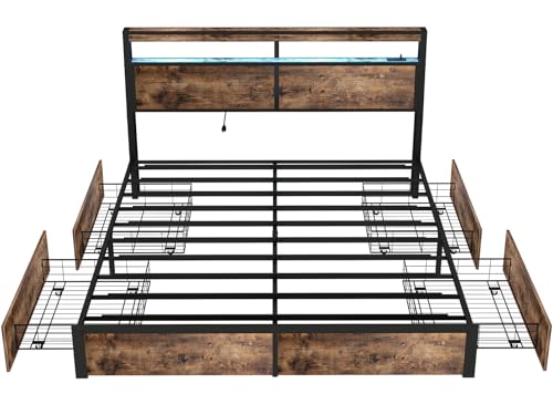 SADENICEL Queen Bed Frame with Storage Headboard and 4 Drawers, Metal Platform Bed Frame with LED Light, Charging Station, No Box Spring Needed, Noise Free, Easy Assembly, Vintage Brown
