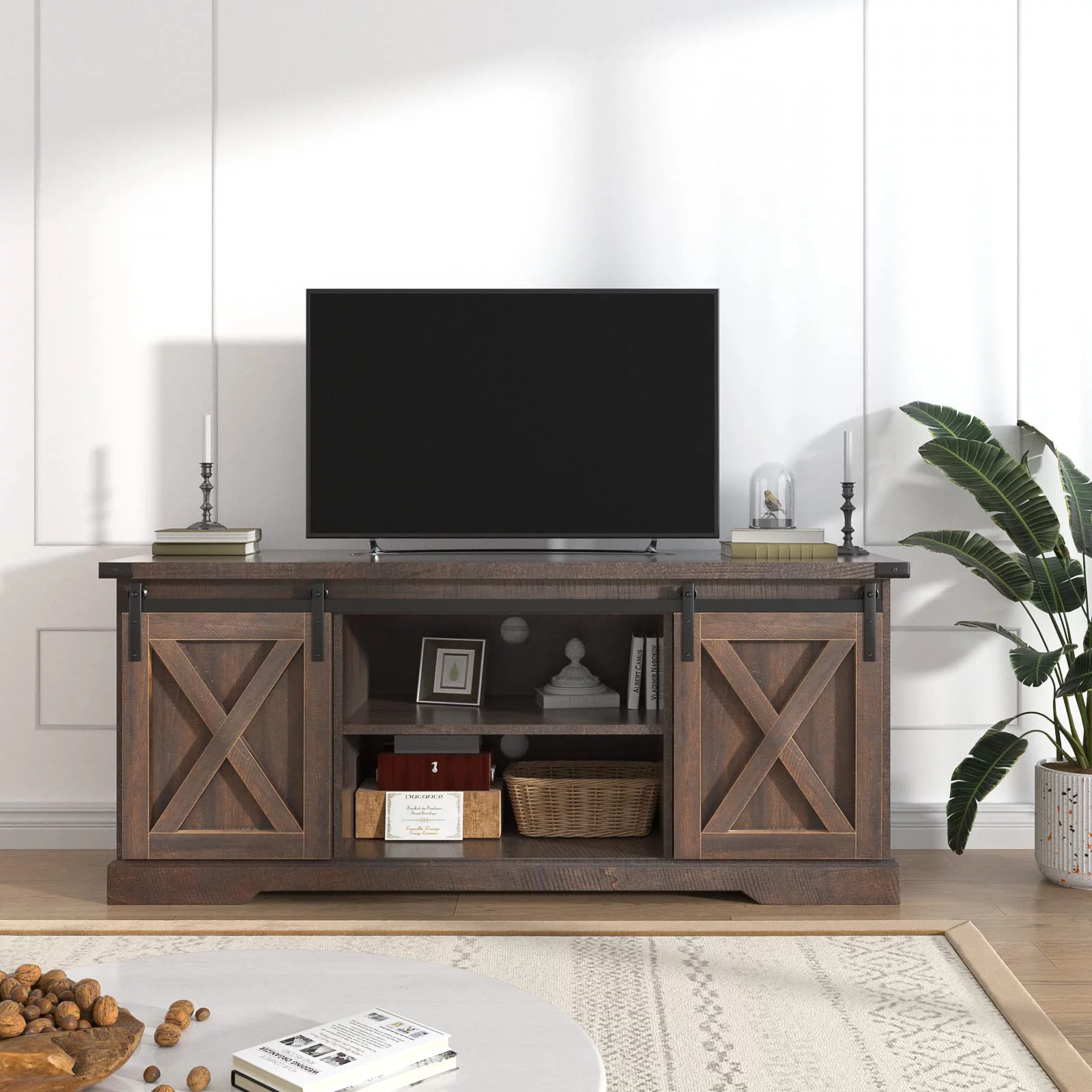 Chvans Farmhouse Barn Door TV Stand for up to 65 TVs /23 Electric Fireplace, Entertainment Center Console Table with Adjustable Shevles(58)