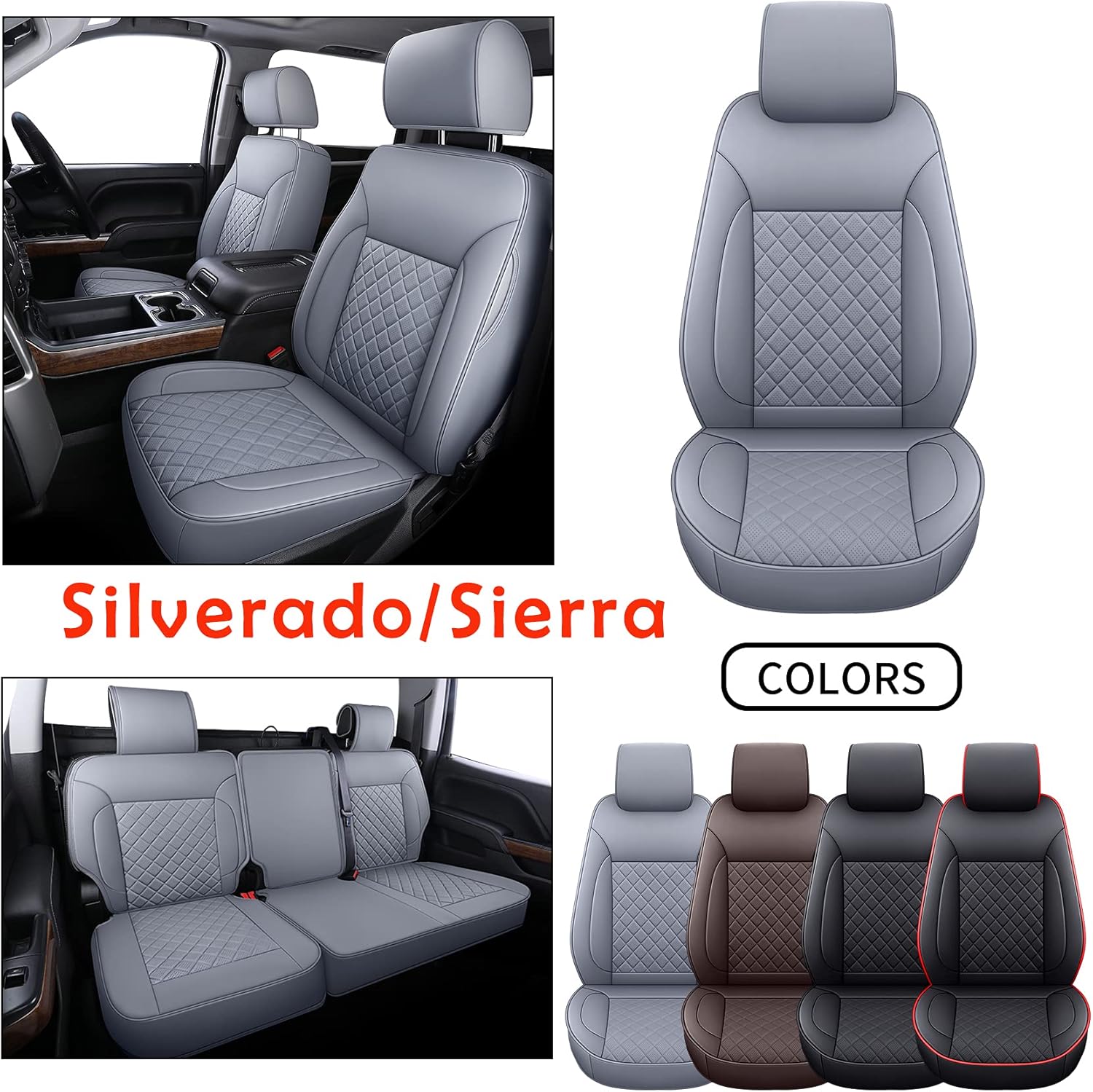 LUCKYMAN CLUB Chevy Silverado/Sierra P01-S1 Seat Covers Full Set, Fit 2014-2018 1500/2500 HD/3500 HD Crew Cab with Water Proof Faux Leather (Full Set, Brown)