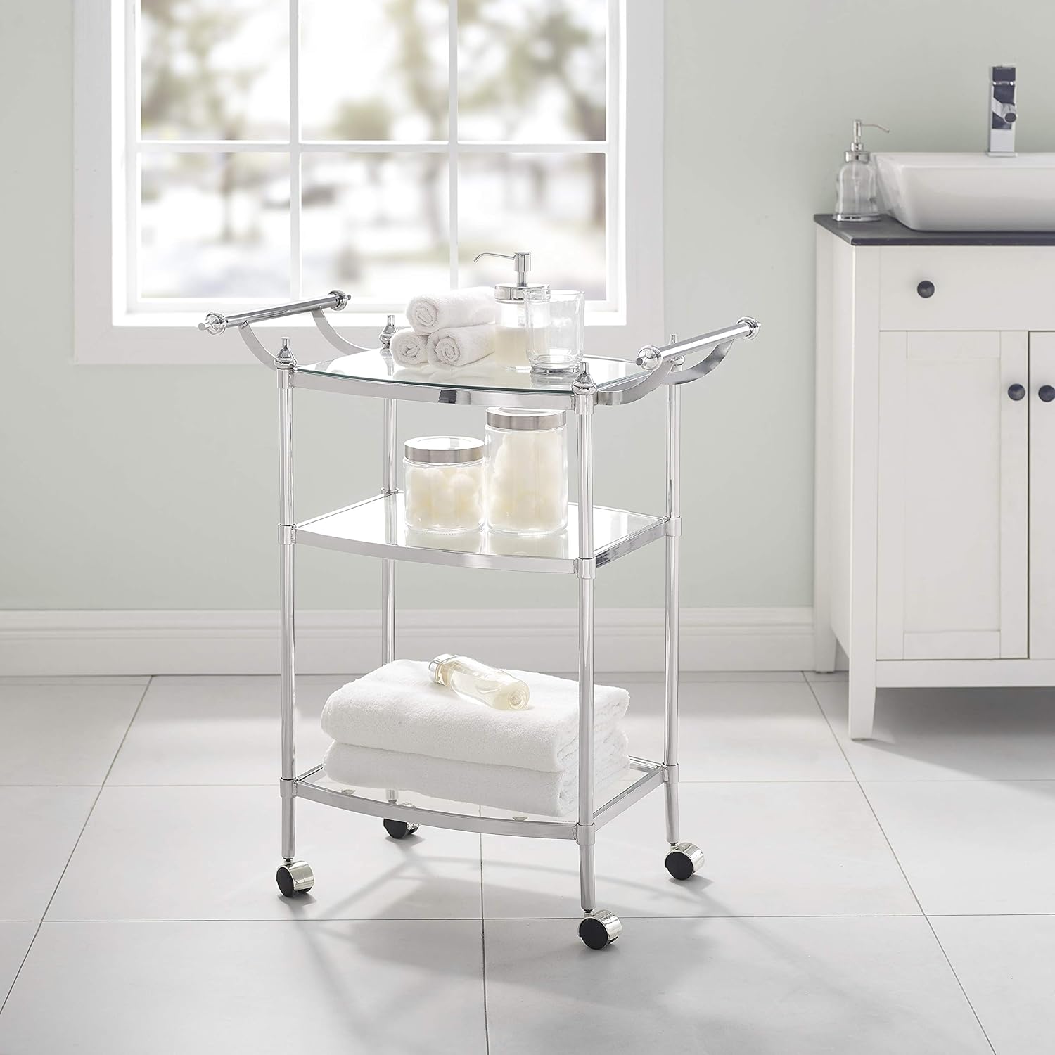 Powell Chrome and Clear Glass Mobile Bar Smith Cart
