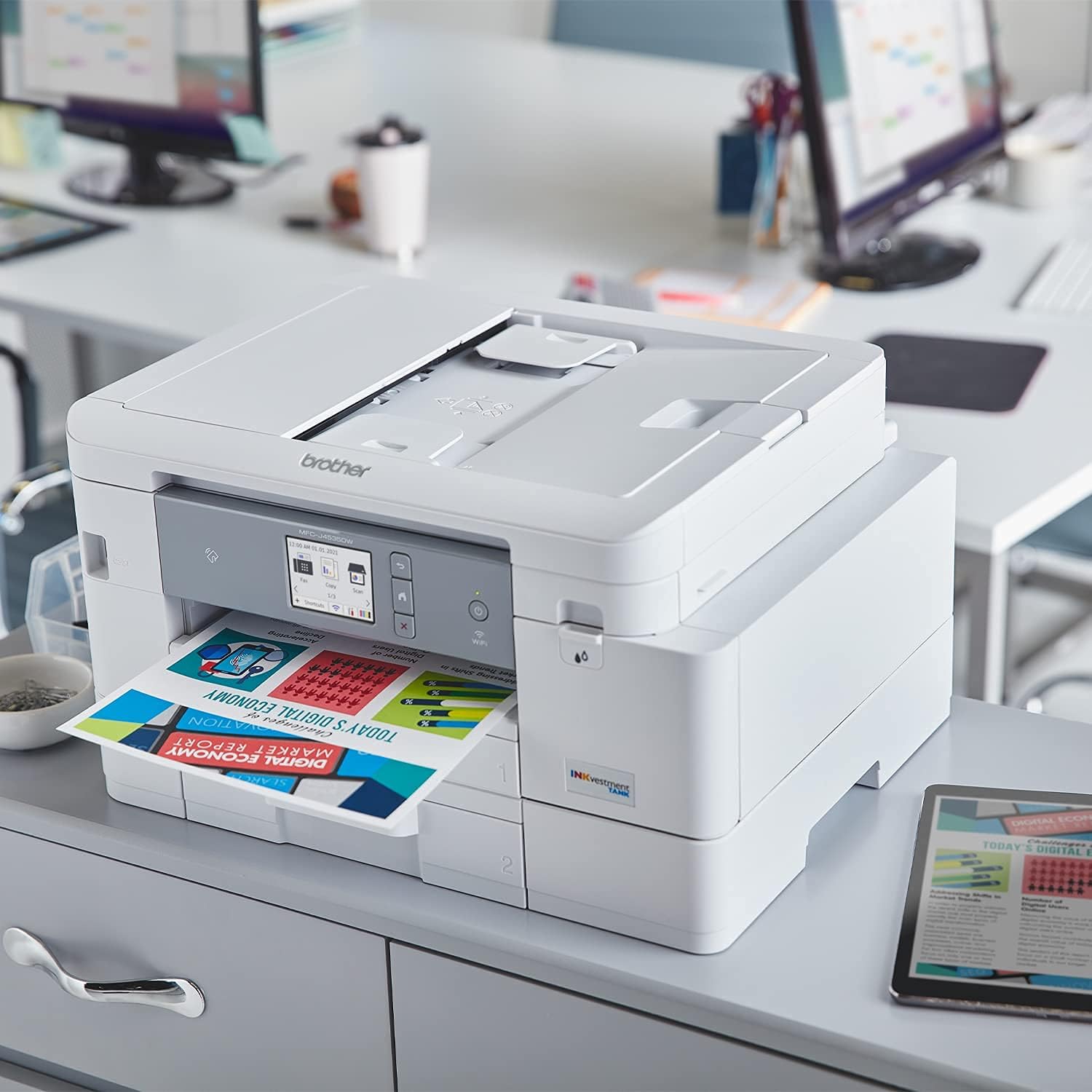 Brother MFC-J4535DW INKvestment Tank All-in-One Color Inkjet Printer with NFC, Auto 2-Sided Printing, Print Scan Copy Fax, Built-in wireless, 4800 x 1200 dpi, White - Bundle with JAWFOAL Printer Cable