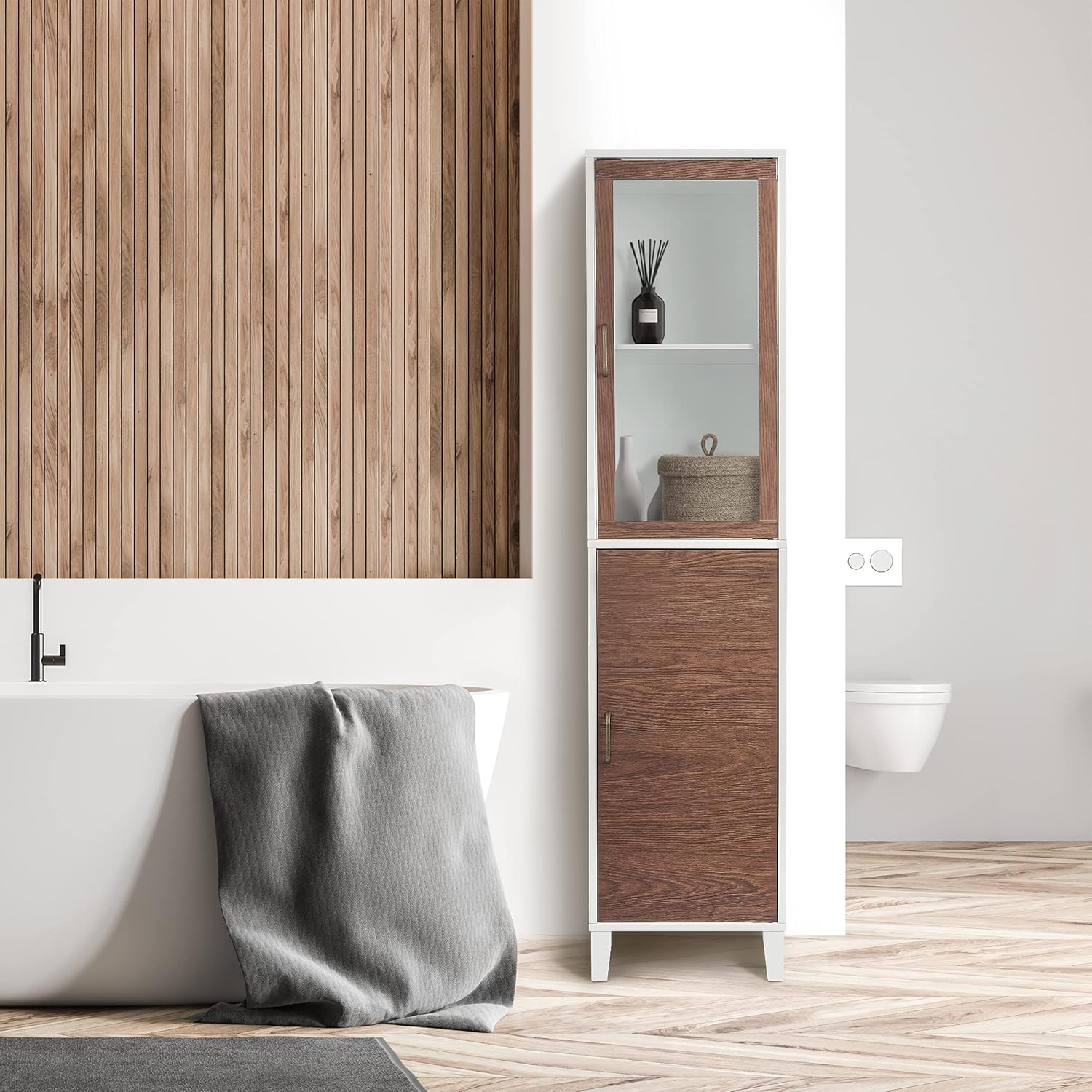 Elegant Home Fashions Tyler Bathroom Linen Cabinet, White/Natural Wood