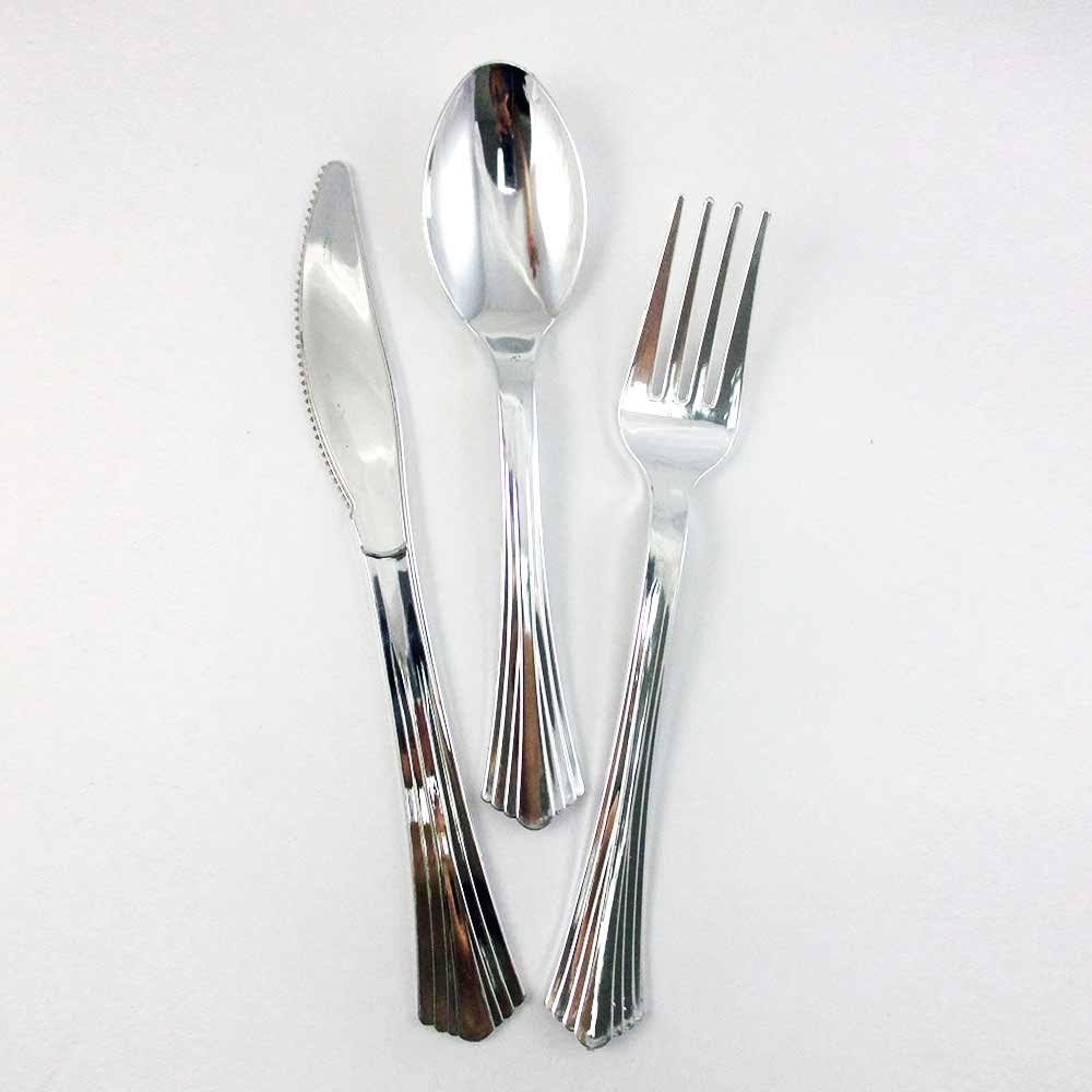 90 Bulk Dinner Wedding Disposable Plastic Plates Silverware Party Silver Rim New