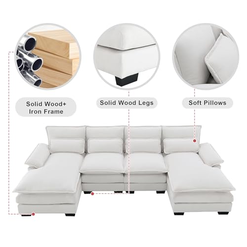 U Shape Sectional Sofa Velvet Cloud Couch for Living Room 110 Inch, Modern Deep Seat Cushions Sleeper Sofa with 4 Waist Pillows Oversized with Double Chaise Lounge (Gray-Velvet)