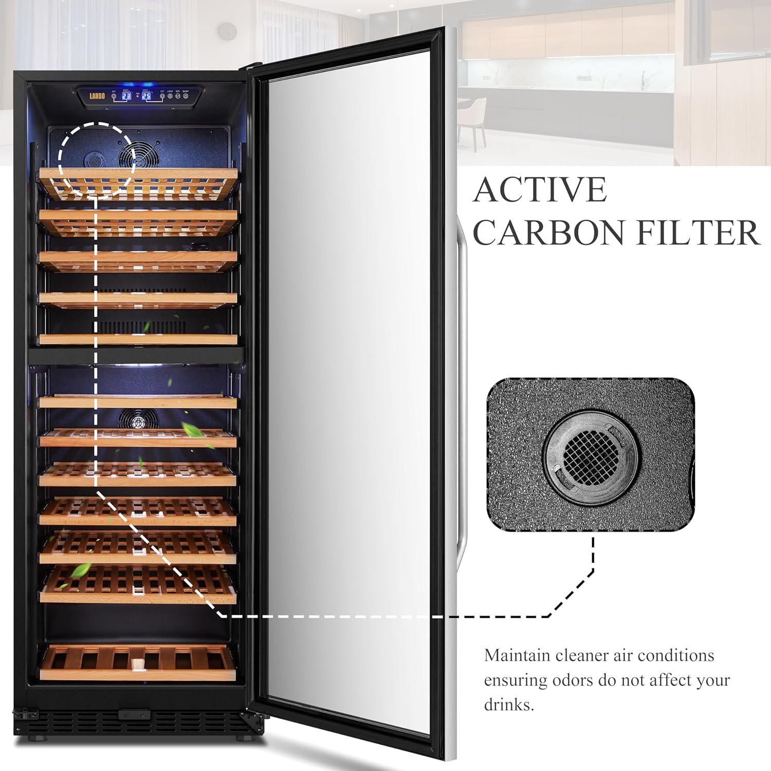 Lanbo Wine Cooler Refrigerator, 24 Inch 141 Bottle Dual Zone Wine Cellar with Safety Lock and Wood Shelves