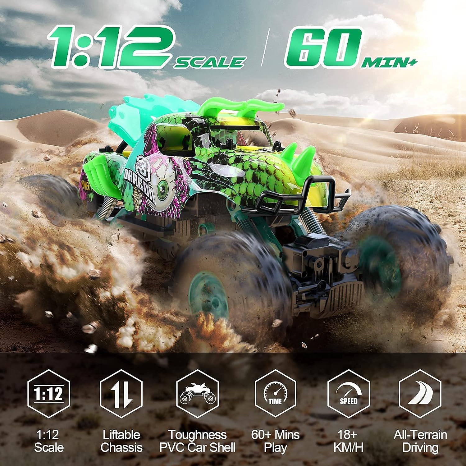 Remote Control Cars, Holyton 1:12 Large Scale Dinosaur Monster RC Trucks, 4WD Liftable Chassis Off Road Rock Crawler for Kids, 2 Batteries for 60+ Minutes Play, RC Car Toys Gift for Boy & Girls