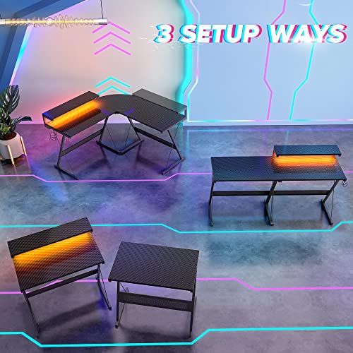 Bestier L Shaped Gaming Desk with LED 55 Inch, Large Monitor Shelf Cup Holder Headset Hook 3 Setup Ways Reversible 72 Inch Long Desk for 2 Persons, Carbon Fiber Black