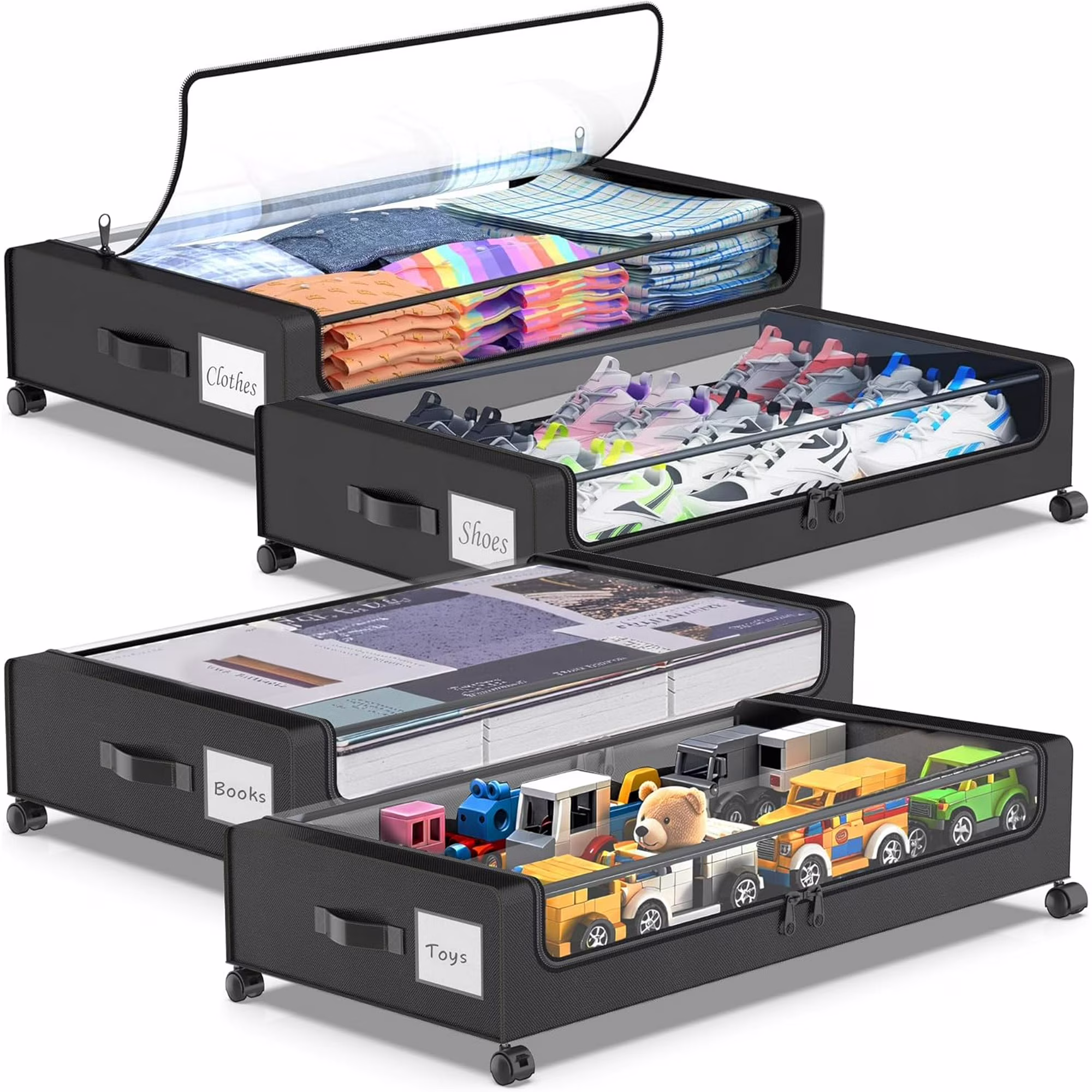 Under Bed Storage with Wheels, 2-Pack Under Bed Storage Containers with Clear Lids, XXL 60L Under the bed storage Organizer Bins, Rolling Under Bed Metal Drawer for Clothes,Shoes,Toys (Black)