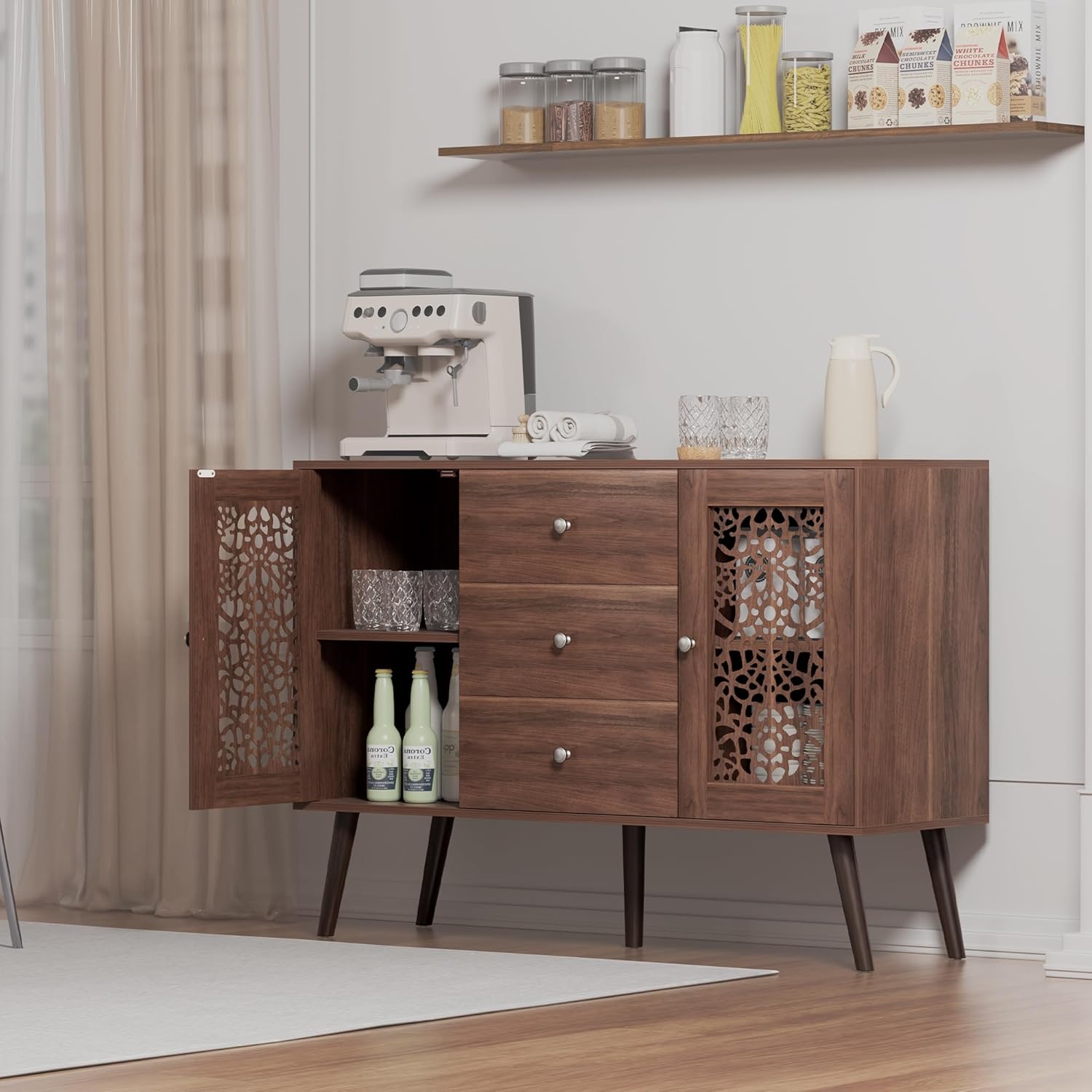 Hollow-Carved Accent Cabinet,Wood Coffee Bar Cabinet with 3 Drawers & 2 Doors, Adjustable Shelf,Retro Sideboard Buffet Cabinet for Dinning Room,Kitchen,Hallway,and Living Room