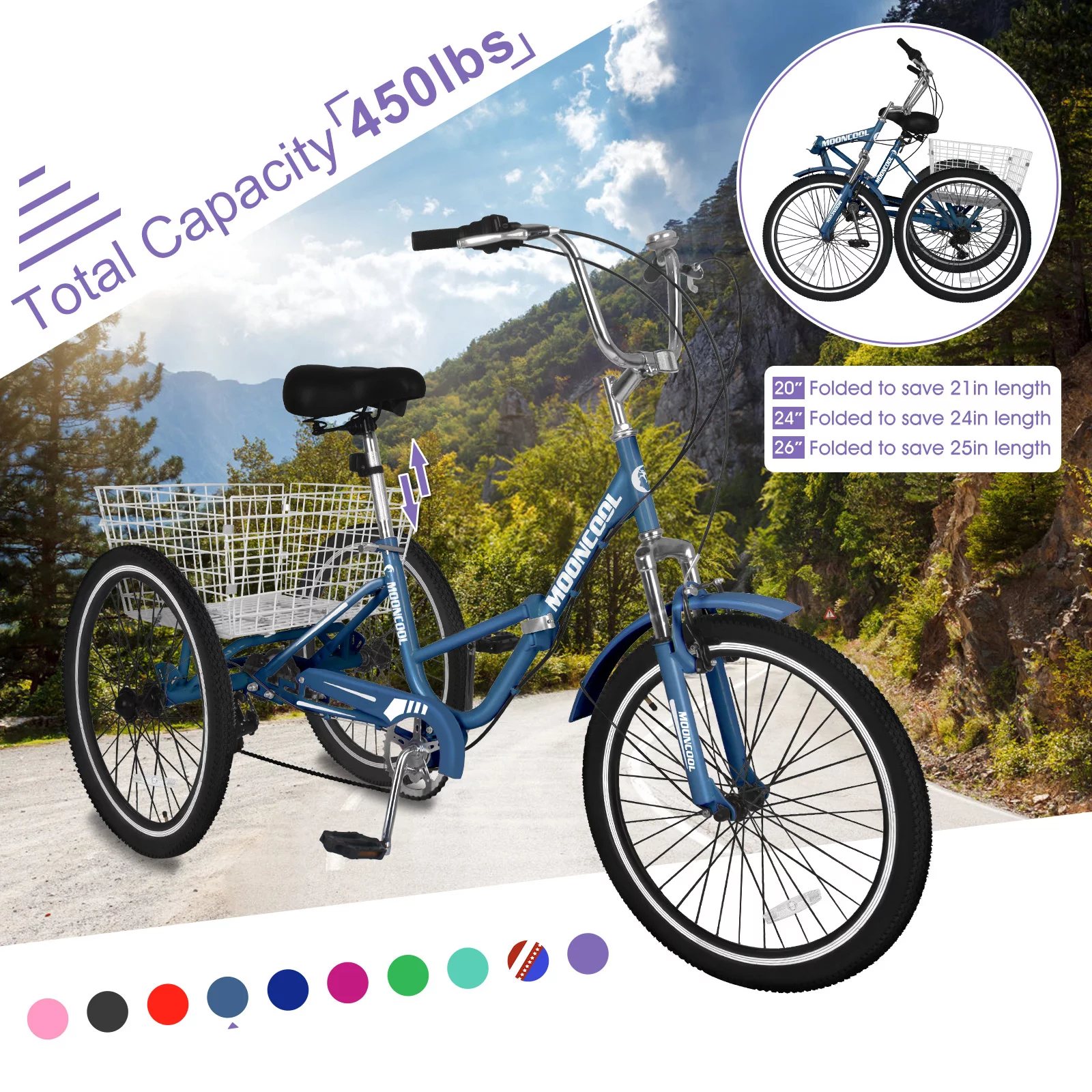 LILYPELLE 24 Adult Tricycle 7 Speed, Three Wheel Bikes for Adults 400lbs,Low-Step Through Trike Cruiser for Exercise Shopping Outdoor Activities,Cyan