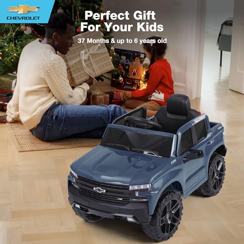 12V Kids Ride On Truck Car Licensed Chevrolet Silverado with Back Storage, Remote Control, LED Lights & MP3 Music, Chevy Silverado Trail Boss LT Electric Truck for Kids, Red