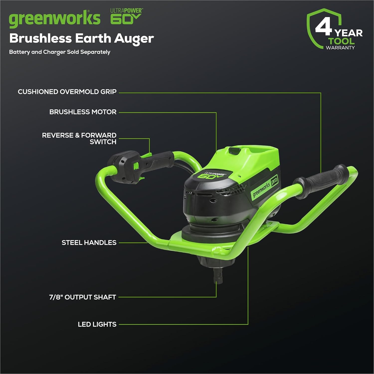 Greenworks Pro 60V Brushless Earth Auger | Post Hole Digger Great for Fences, Gardening, Planting Without Auger Bit, 4.0Ah Battery and 3A Charger Included