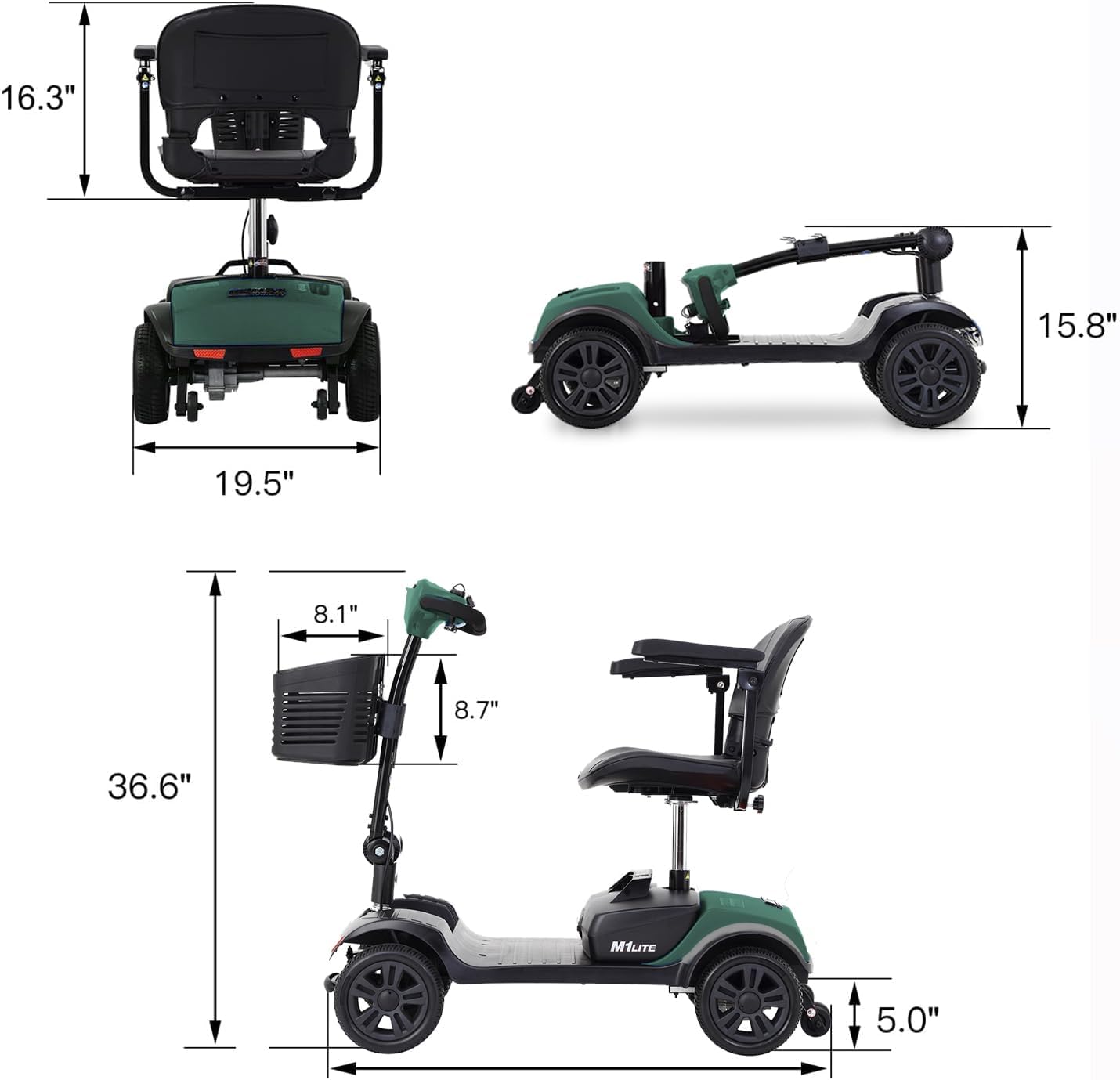 Electric Mobility Scooter for Adults Seniors Wheelchair Device for Travel 4 Wheel Folding Scooter with Seat-300 lbs Max Weight Long Range Power Extended Battery with Charger and Basket - Green