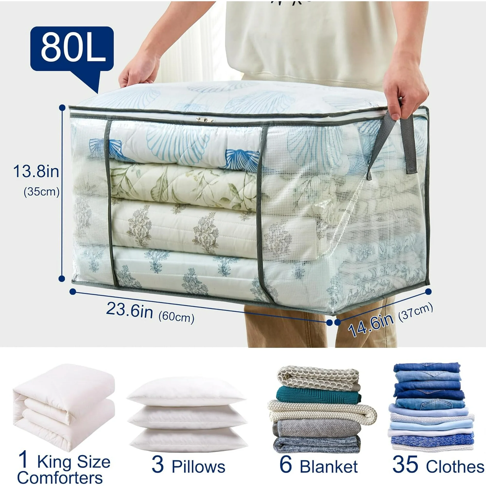 80L Clear Large Storage Bag, Clothes Storage Containers for Organizing Closet, Bedroom, Underbed, Comforters, Clothing, Blankets, Pillow, Foldable Organizer with Sturdy Handle and Zippers (4)