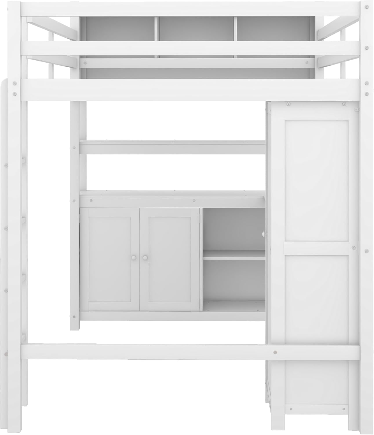 Harper & Bright Designs Full Size Loft Bed with Built-in Desk, Bookshelf, Wardrobe, Full Length Guardrail and Ladder, White