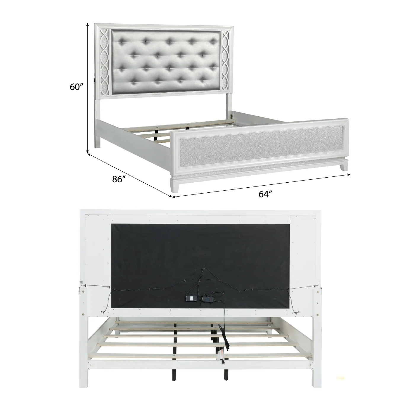 Roundhill Furniture Galaxy 4-Piece Bedroom Set with LED Lights, Tufted Bed, Dresser, Mirror, and Nightstand in Pearlized White, Queen
